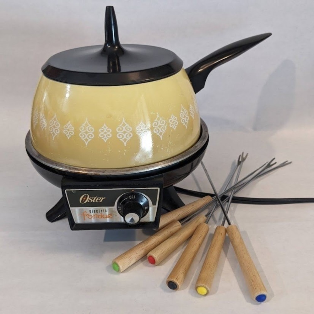 Vintage Oster Electric Fondue Pot Set Harvest Yellow 701-01A 6 Forks MCM Tested
